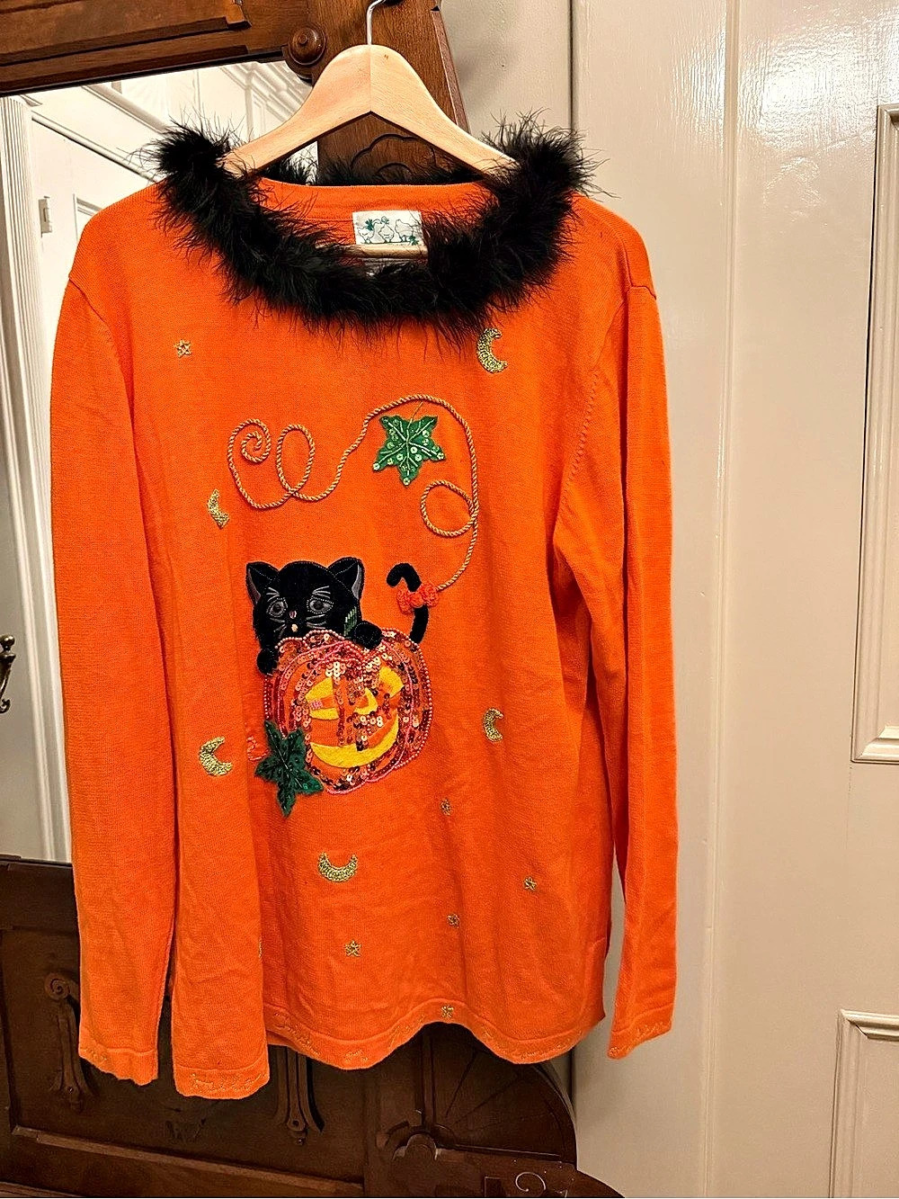 The Quacker Factory Halloween Cat Pumpkin Embellished Long Sleeve Large